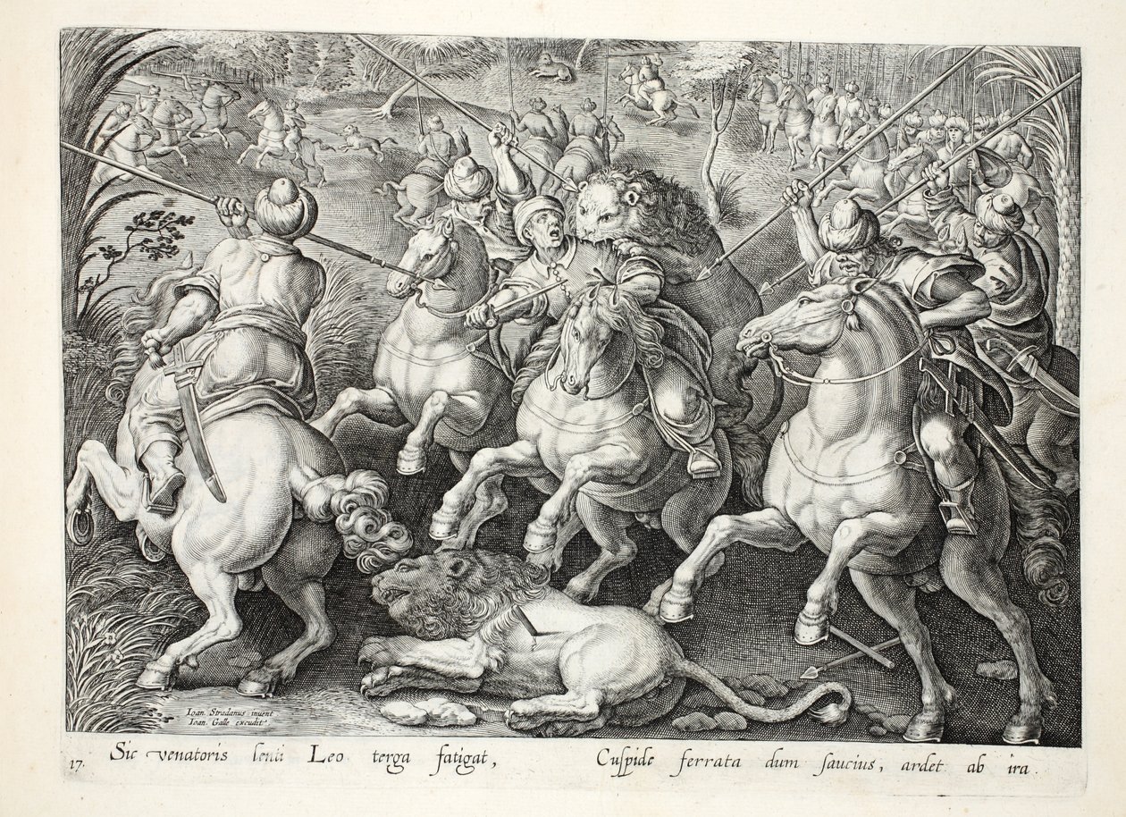 صيد أسد بالرماح ، رسم توضيحي من "Venationes ، Ferarum ، Avium ، Piscium" (للصيد: وحوش برية ، طيور ، أسماك) ، نقش بواسطة Jan Collaert (1566-1628) ، حانة. فيليب جاليوس ، أمستردام (en بواسطة جان فان دير سترايت