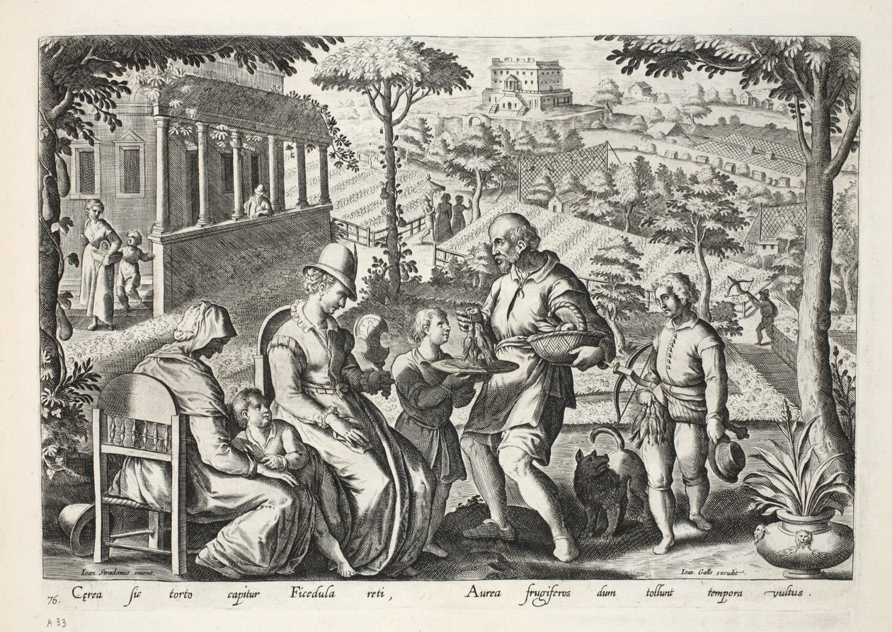 صيادو الطيور يبيعون الطيور الميتة ، اللوحة 76 ، رسم توضيحي من "Venationes ، Ferarum ، Avium ، Piscium" (للصيد: وحوش برية ، طيور ، أسماك) ، منقوش بواسطة Jan Collaert (1566-1628) ، حانة. فيليب جالا بواسطة جان فان دير سترايت