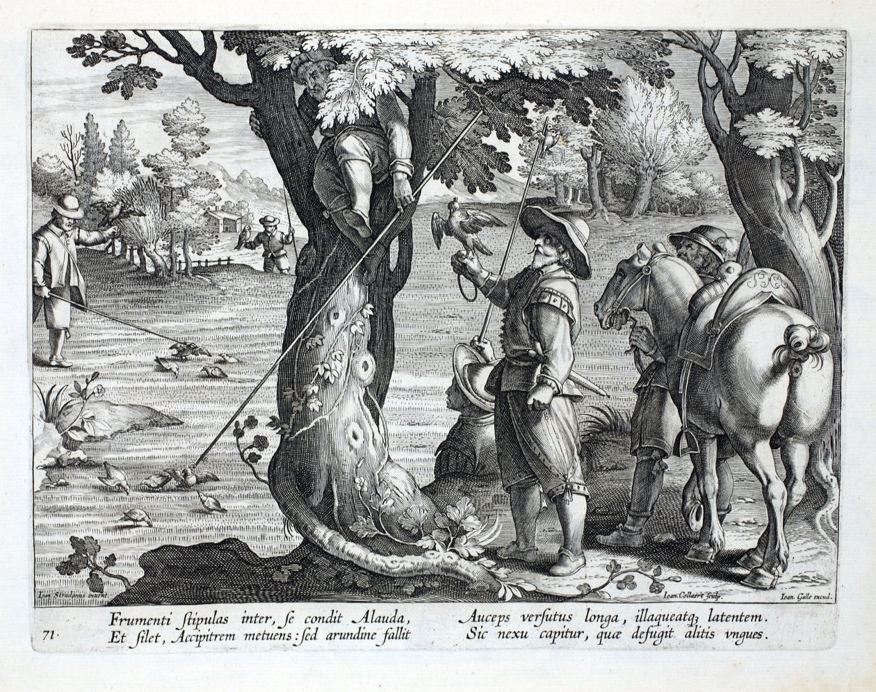 صيادو الطيور يستخدمون قضبان مع حلقات لالتقاط الطيور ، التوضيح من "Venationes ، Ferarum ، Avium ، Piscium" (للصيد: وحوش برية ، طيور ، أسماك) ، منقوش بواسطة Jan Collaert (1566-1628) ، حانة. بواسطة فيل بواسطة جان فان دير سترايت