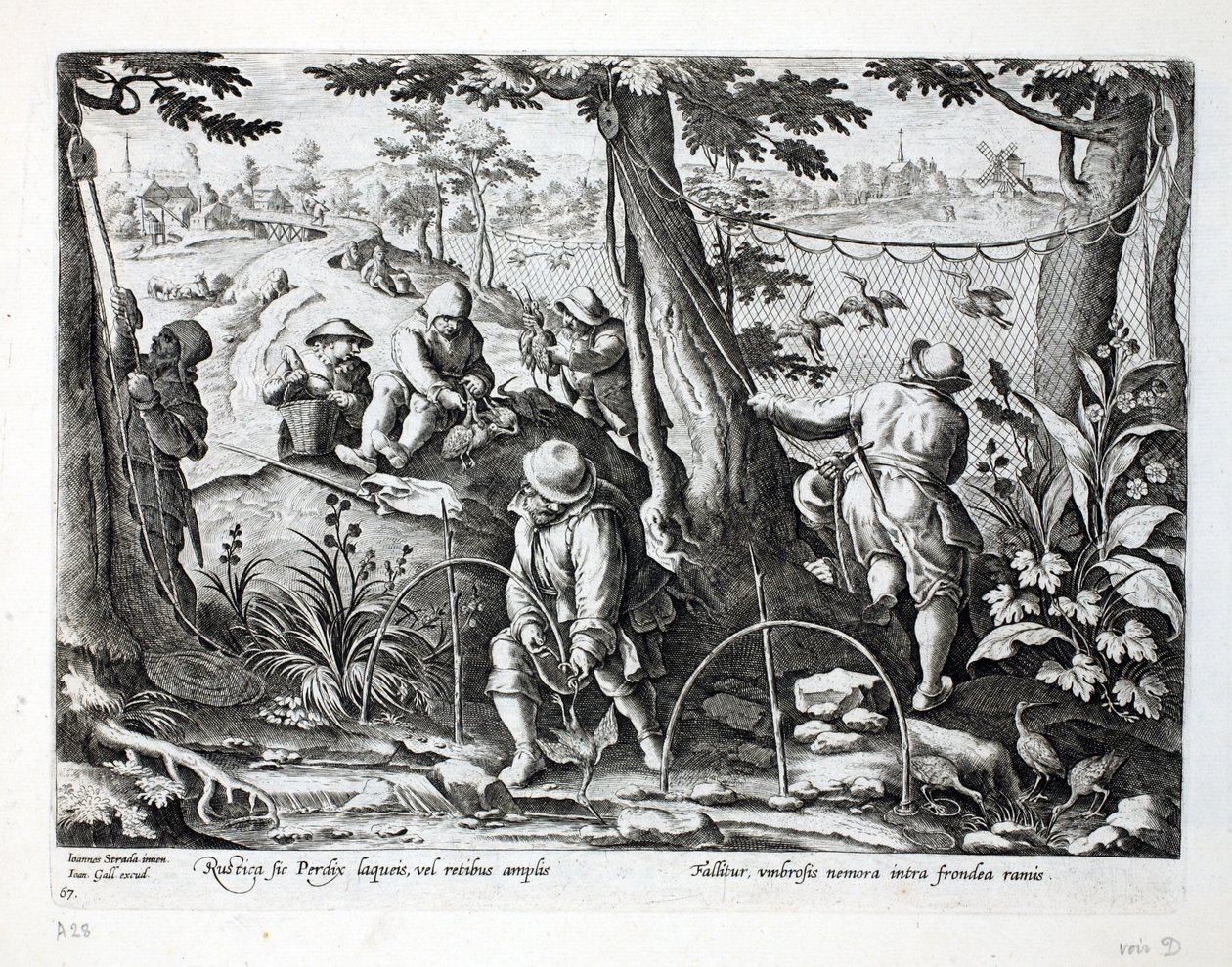 مصائد الطيور يستخدمون الفخاخ للقبض على الحجل ، التوضيح من "Venationes ، Ferarum ، Avium ، Piscium" (للصيد: وحوش برية ، طيور ، أسماك) ، منقوش بواسطة Jan Collaert (1566-1628) ، حانة. فيليب غال بواسطة جان فان دير سترايت