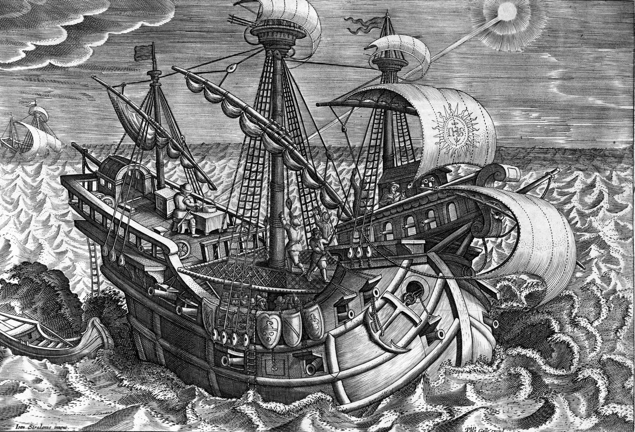 حساب خط الطول مع انحراف الشمس ، اللوحة 17 من "نوفا ريبيرتا" ، محفورة بواسطة فيليب جالي ، c.1580-1605 بواسطة جان فان دير سترايت