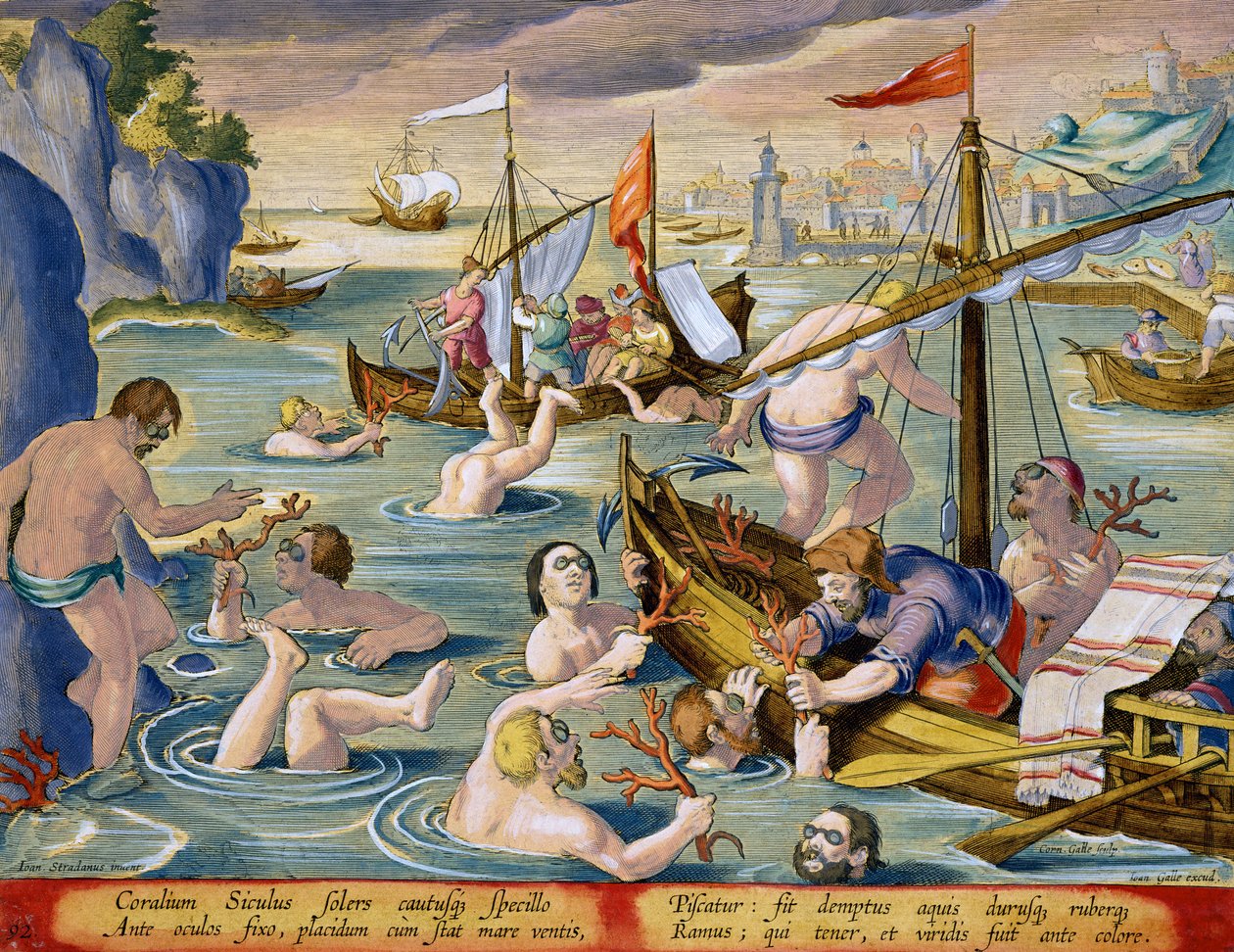 الغوص من أجل المرجان ، لوحة 92 من "Venationes Ferarum ، Avium ، Piscium" (الصيد: وحوش برية ، طيور ، أسماك) محفورة بواسطة Jan Collaert (1566-1628) نشرها Phillipus Gallaeus of Amsterdam (hand colo بواسطة جان فان دير سترايت