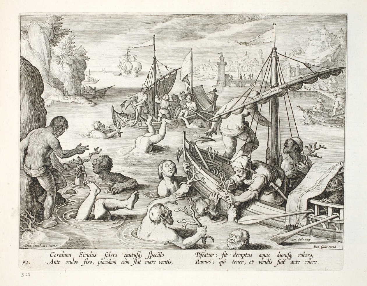 الغوص من أجل المرجان ، اللوحة 92 ، رسم توضيحي من "Venationes ، Ferarum ، Avium ، Piscium" (للصيد: وحوش برية ، طيور ، أسماك) ، منقوش بواسطة Jan Collaert (1566-1628) ، حانة. فيليب جاليوس ، أمستردام بواسطة جان فان دير سترايت