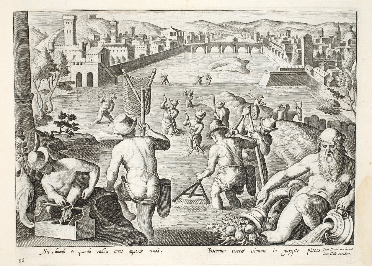 الصيد في المياه الضحلة باستخدام الشباك ، اللوحة 96 ، رسم توضيحي من "Venationes ، Ferarum ، Avium ، Piscium" (للصيد: وحوش برية ، طيور ، أسماك) ، نقش بواسطة Jan Collaert (1566-1628) ، حانة. بواسطة فيليبس بواسطة جان فان دير سترايت