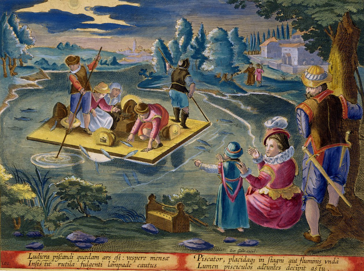 الصيد على بحيرة في الليل ، اللوحة 101 من "Venationes Ferarum ، Avium ، Piscium" (للصيد: وحوش برية ، طيور ، أسماك) محفورة بواسطة جان كولارت (1566-1628) نشرها فيليب جالوس من أمستردام بواسطة جان فان دير سترايت