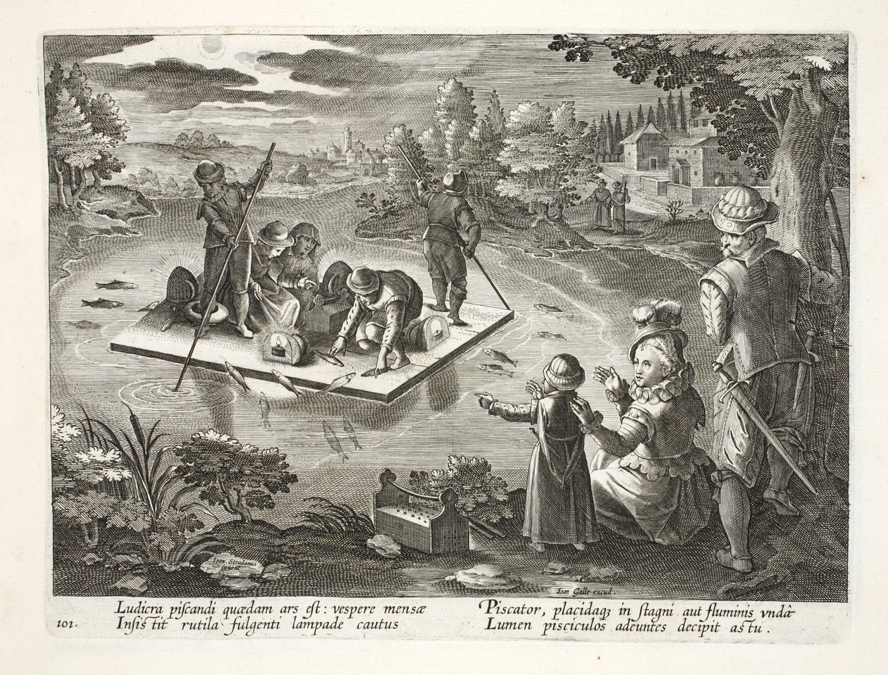 الصيد على بحيرة في الليل ، اللوحة 101 ، رسم توضيحي من "Venationes ، Ferarum ، Avium ، Piscium" (للصيد: وحوش برية ، طيور ، سمك) ، نقش بواسطة Jan Collaert (1566-1628) ، حانة. فيليب جاليوس ، بواسطة جان فان دير سترايت