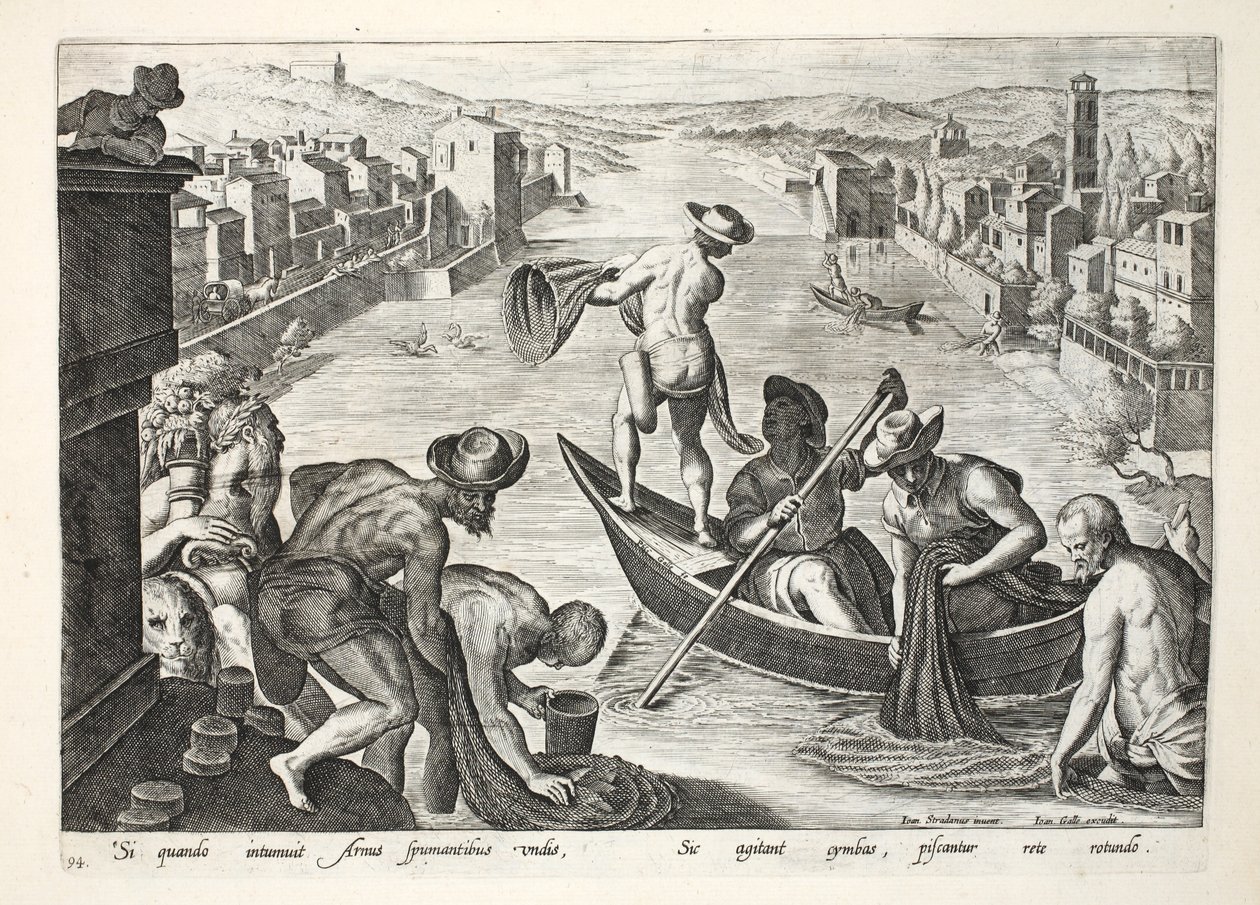 الصيد على أرنو باستخدام القوارب والشباك ، التوضيح من "Venationes ، Ferarum ، Avium ، Piscium" (للصيد: وحوش برية ، طيور ، أسماك) ، منقوش بواسطة Jan Collaert (1566-1628) ، حانة. فيليب جالا بواسطة جان فان دير سترايت