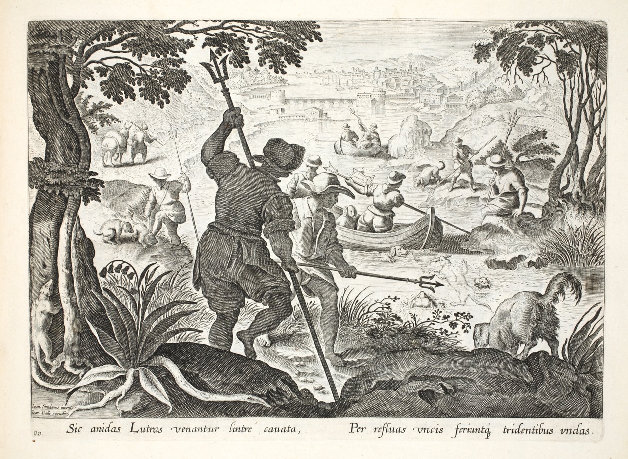 الصيد مع الحوادث ، اللوحة 90 ، رسم توضيحي من "Venationes ، Ferarum ، Avium ، Piscium" (للصيد: وحوش برية ، طيور ، سمك) ، نقش بواسطة Jan Collaert (1566-1628) ، حانة. فيليب جاليوس ، أمست بواسطة جان فان دير سترايت