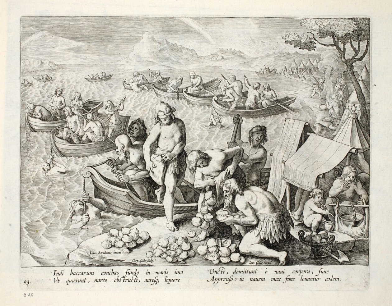 الهنود الذين يمارسون الغوص بحثًا عن اللؤلؤ ، اللوحة 93 ، رسم توضيحي من "Venationes ، Ferarum ، Avium ، Piscium" (للصيد: وحوش برية ، طيور ، أسماك) ، نقش بواسطة Jan Collaert (1566-1628) ، حانة. بواسطة فيليبوس غالايوس ، أ بواسطة جان فان دير سترايت