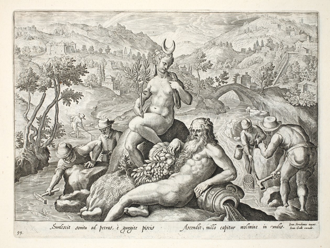 طريقة لصيد الأسماك في الشباك عن طريق النقر على الصخور ، التوضيح من "Venationes ، Ferarum ، Avium ، Piscium" (الصيد: وحوش برية ، طيور ، أسماك) ، نقش بواسطة Jan Collaert (1566-1628) ، حانة. بواسطة جان فان دير سترايت