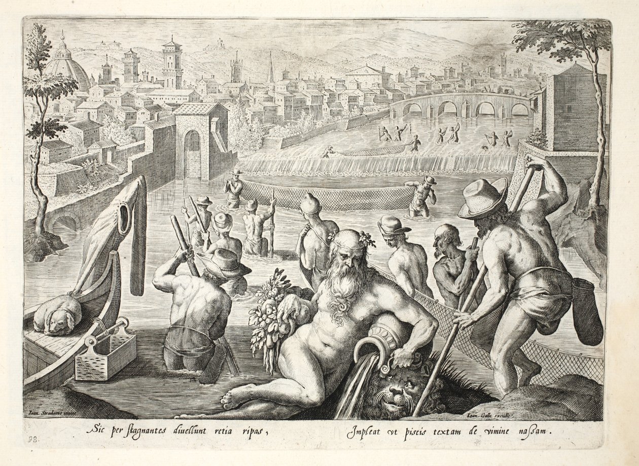 طريقة لصيد الأسماك في المياه الضحلة باستخدام الشباك ، توضيح من "Venationes ، Ferarum ، Avium ، Piscium" (للصيد: وحوش برية ، طيور ، أسماك) ، منقوش بواسطة Jan Collaert (1566-1628) ، حانة. بواسطة Phill بواسطة جان فان دير سترايت