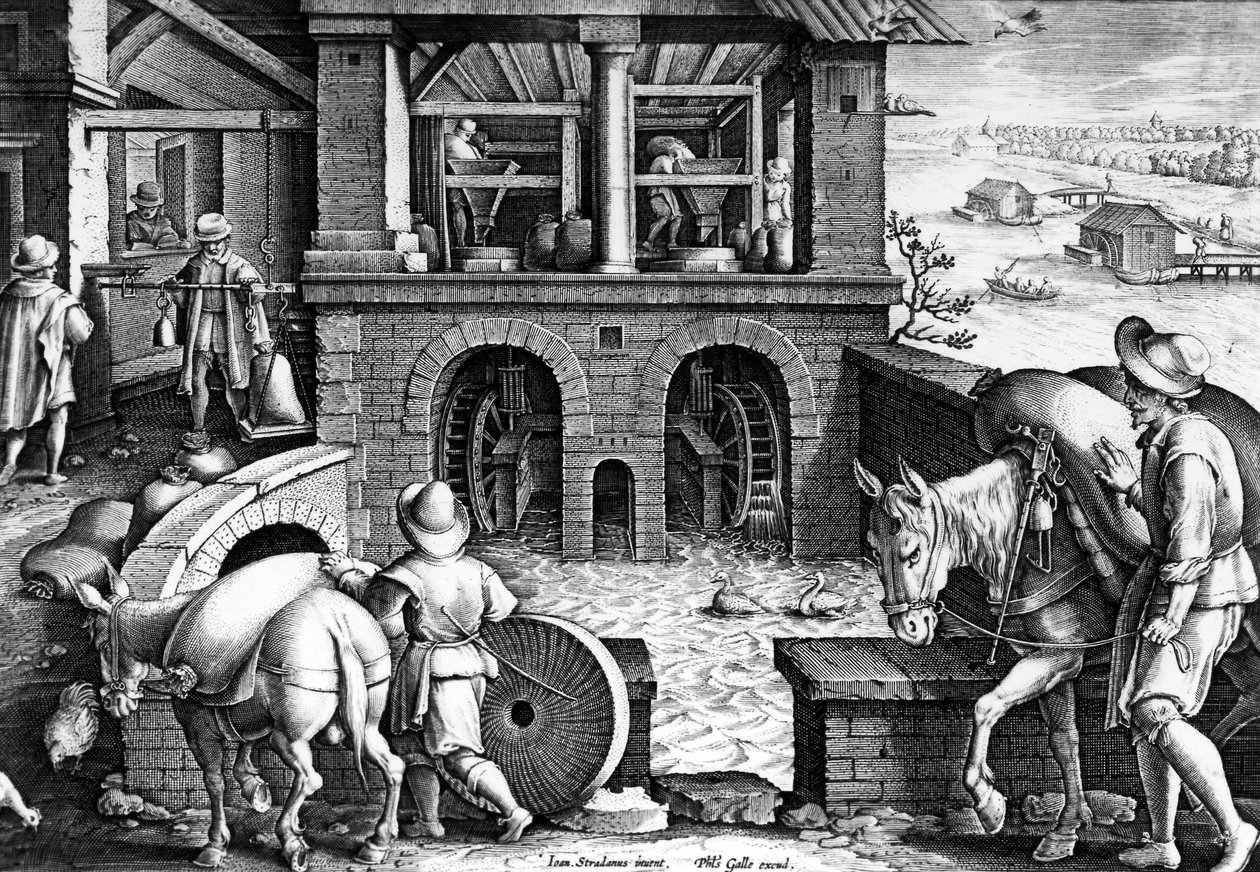 لوحة WATERMILL 10 من مرجع جديد منقوش بواسطة Philips Galle ، c.1580-1605 بواسطة جان فان دير سترايت