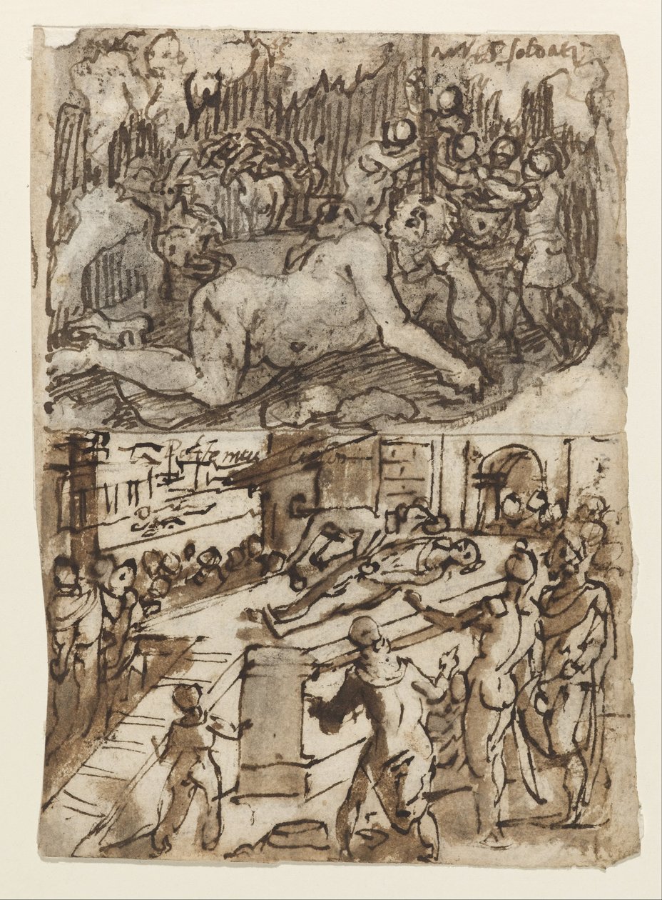 Recto Title - صفحة من كراسة الرسم تظهر مشهدين ، أحدهما يتضمن Blinding of Cyclops. بواسطة جان فان دير سترايت