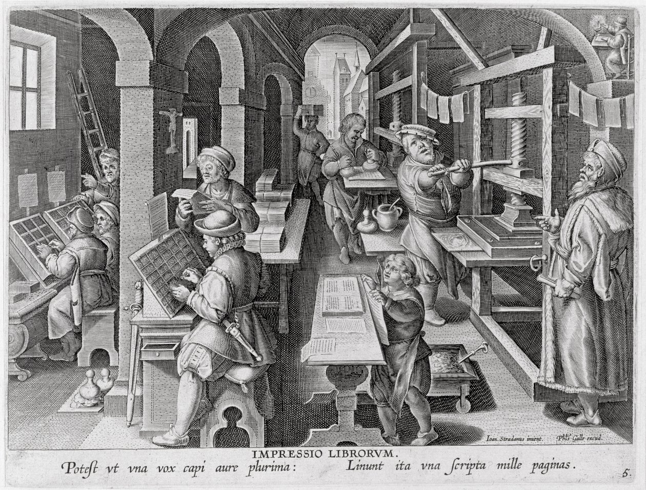 تطور الطباعة ، اللوحة 5 من "الاكتشافات الجديدة" نوفا ريبيرتا التي نقشها فيليب جالي (1537-1612) ، ص 1600 بواسطة جان فان دير سترايت