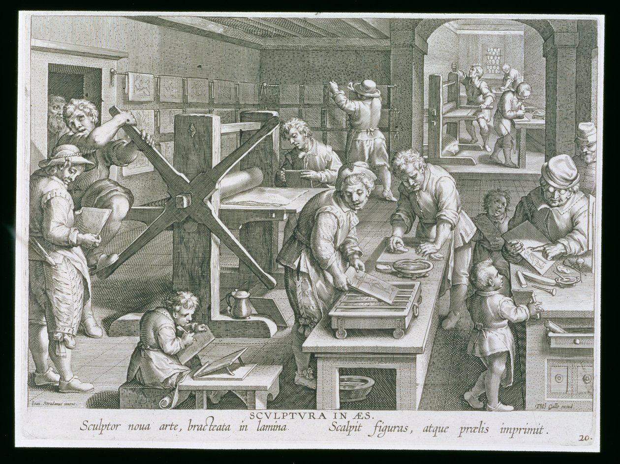 اختراع النقش على النحاس ، اللوحة 20 من "الاكتشافات الجديدة" (Nova Reperta) المحفورة بواسطة Philip Galle (1537-1612) c.1600 بواسطة جان فان دير سترايت
