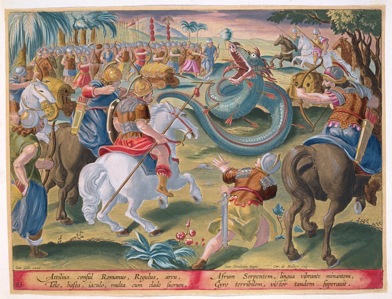 القنصل الروماني أتيليوس يُخضع الثعبان الأفريقي ، اللوحة 42 من "Venationes Ferarum، Avium، Piscium" (الصيد: وحوش برية ، طيور ، أسماك) محفورة بواسطة جان كولارت (1566-1628) نشرها Philli بواسطة جان فان دير سترايت