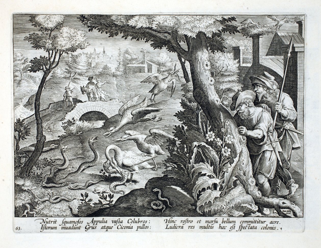 برج كرين وكتاكيتهم تنقض على الثعابين ، التوضيح من `` Venationes ، Ferarum ، Avium ، Piscium &39;&39; (للصيد: وحوش برية ، طيور ، سمك) ، نقش بواسطة Jan Collaert (1566-1628) ، حانة. بواسطة فيل بواسطة جان فان دير سترايت