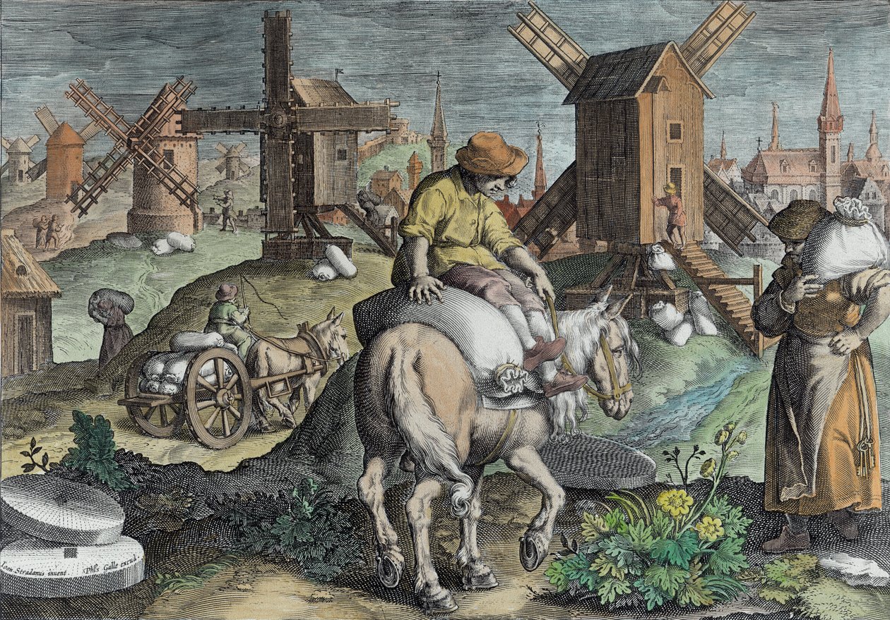 طواحين الهواء ، اللوحة 12 من "الاكتشافات الجديدة" (Nova Reperta) المنقوشة بواسطة Philip Galle (1537-1612) c.1600 (تلوين لاحق) بواسطة جان فان دير سترايت