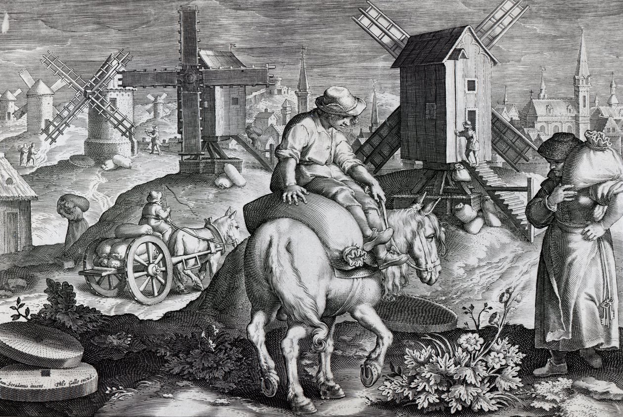 طواحين الهواء ، اللوحة 12 من "نوفا ريبيرتا" ، نقشها فيليب جالي ، c.1580-1605 بواسطة جان فان دير سترايت