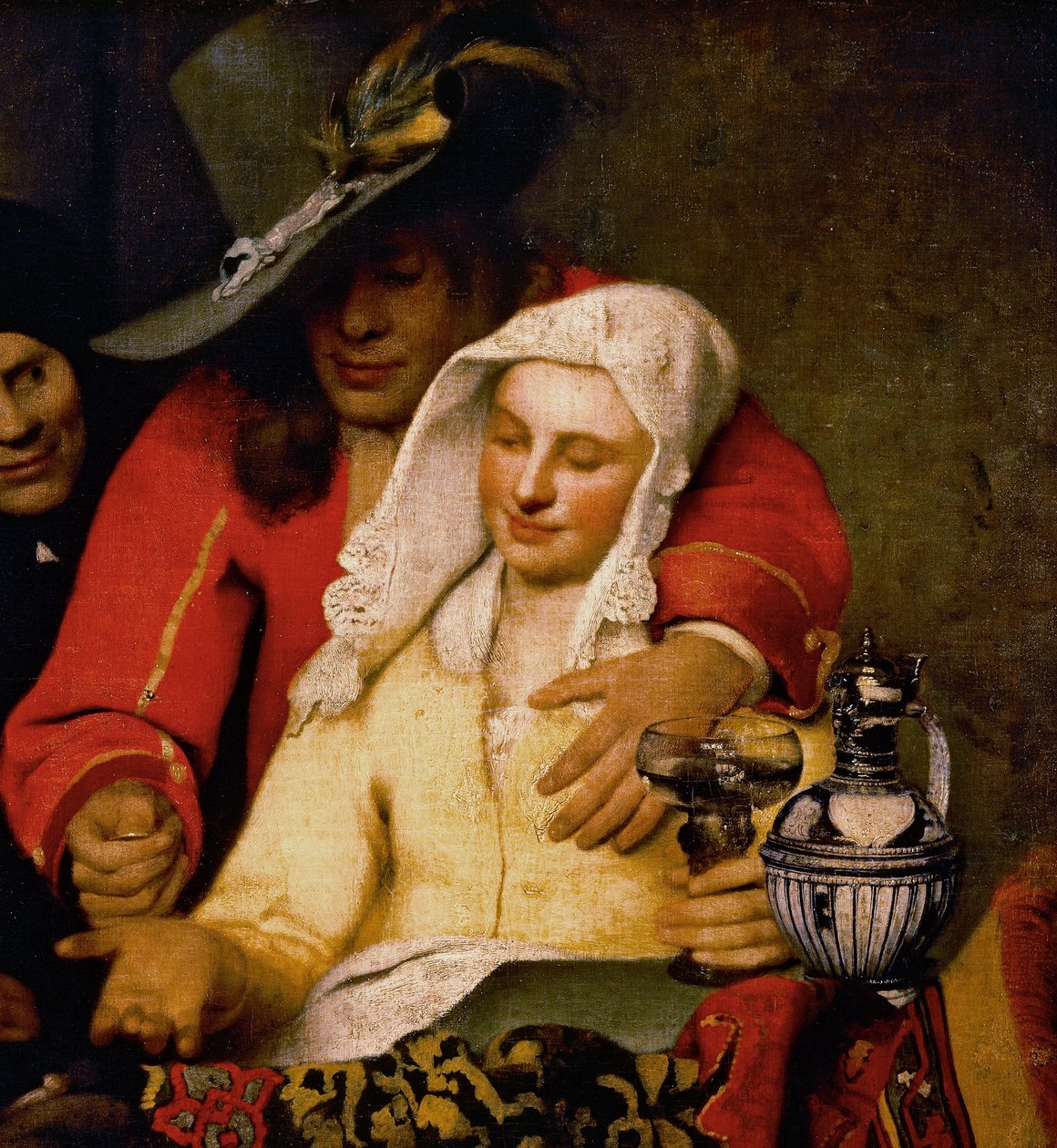 A man holds out a coin to a woman touching her breast, detail from The Procuress بواسطة جون فيرمير