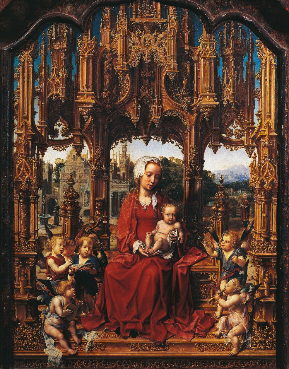 مادونا مع الطفل والموسيقيين الملائكة ، لوحة مركزية من Malvern Triptych بواسطة يناير (1472 - 1533) جوسارت