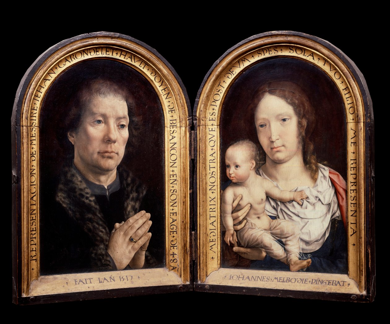 Diptych Carondelet: على الصورة اليسرى للراعي جان كارونديليت ، على اليمين العذراء والطفل. رسم جان غوسايرت ديت مابوز (1478-1536) بواسطة يناير (1472 - 1533) جوسارت