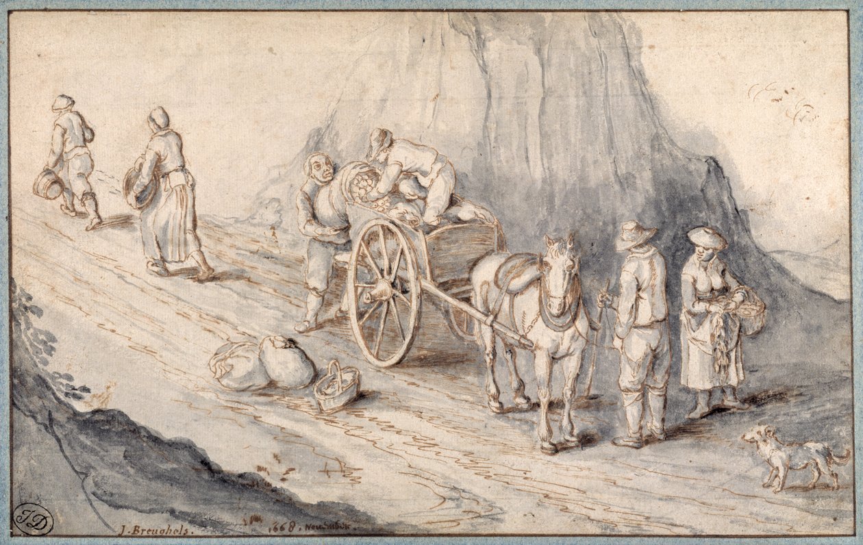 Peasants loading a one-horse cart with root vegetables (pen & ink with wash on paper) بواسطة جان (تابع) بروغيل