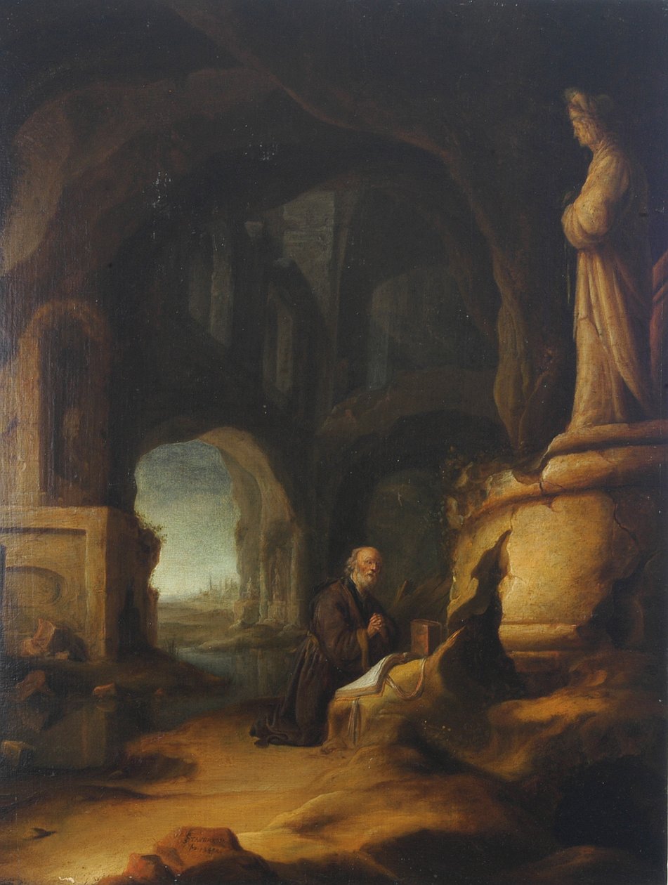ناسك في الصلاة في مغارة ذات أطلال كلاسيكية بواسطة Jan Adriansz van Staveren