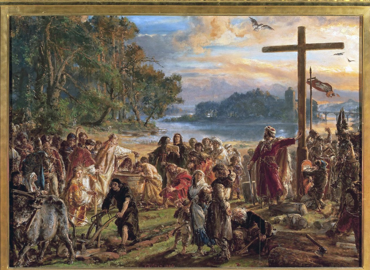 La chhristiannisation de la Pologne ، 966 - تنصير بولندا ، 966. من سلسلة تاريخ الحضارة في بولندا ، بقلم ماتيكو ، يان ألويزي (1838-1893). زيت على خشب بواسطة جان الوزي ماتيجكو
