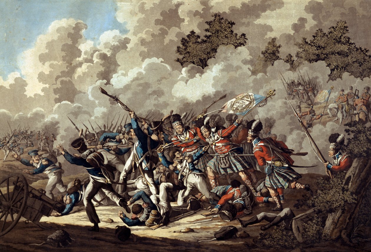 هزيمة الحرس الفرنسي من قبل المرتفعات ، لا هاي سانت ، خلال معركة واترلو ، 1815 (ألوان مائية) بواسطة جان أنتوني لانجينديك