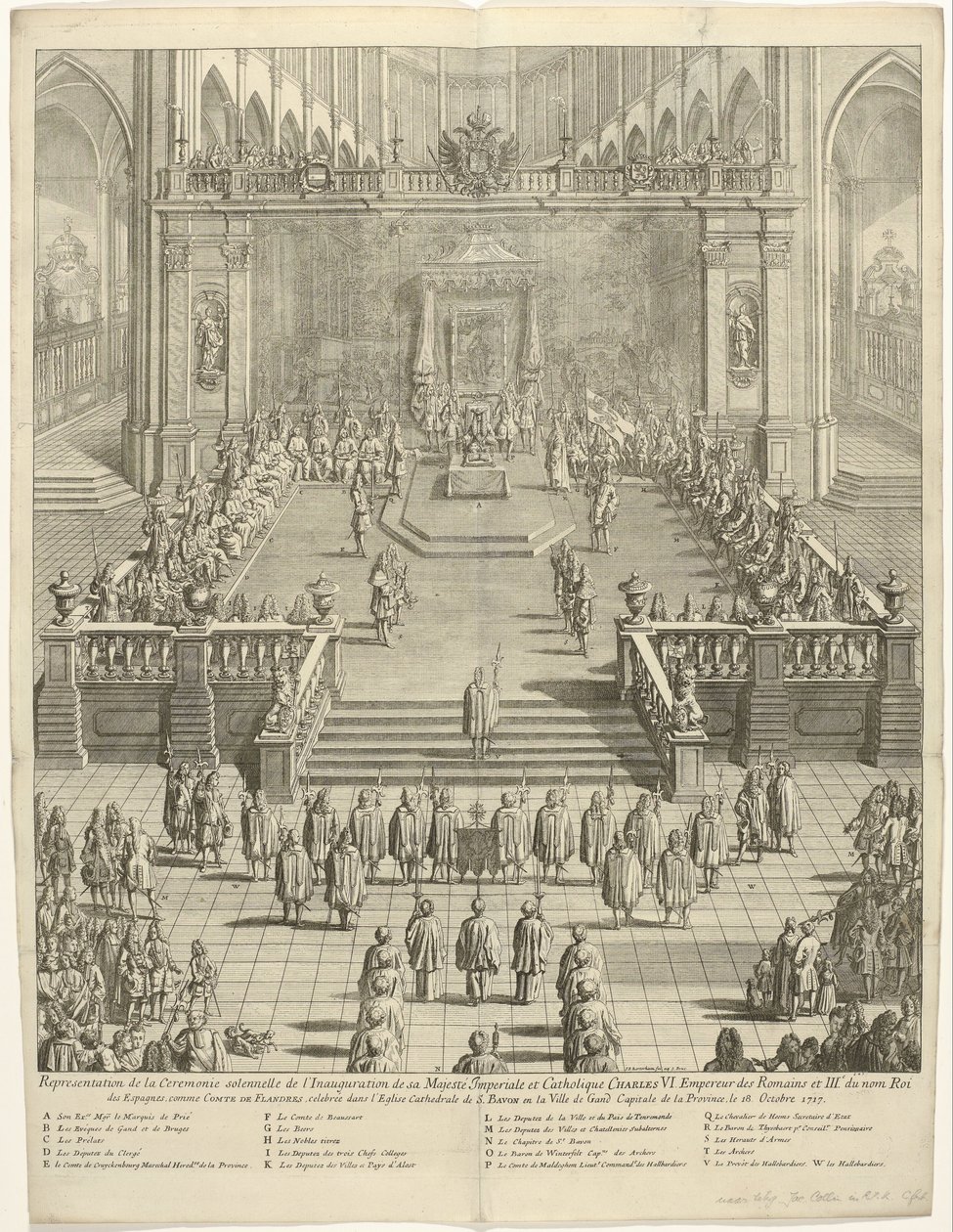 Inhuldiging van Keizer Karel VI als Graaf van Vlaanderen te Gent، 1717 تمثيل الحفل الرسمي لتنصيب جلالة الملك تشارلز السادس الإمبراطوري والكاثوليكي. إمبراطور الرومان والملك الثالث لإسبانيا ، بصفته كونت فلاند بواسطة جان بابتيست بيرترهام
