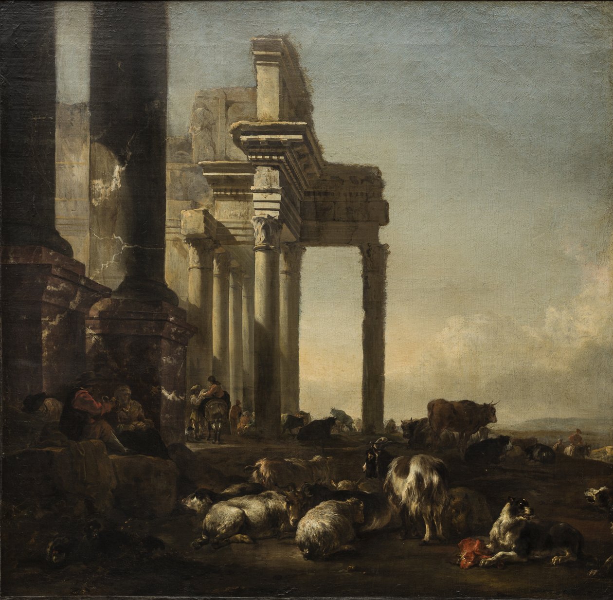 An Italianate Landscape with peasants, cattle and sheep by classical ruins, c.1650s (oil on canvas) بواسطة جان بابتيست وينيكس