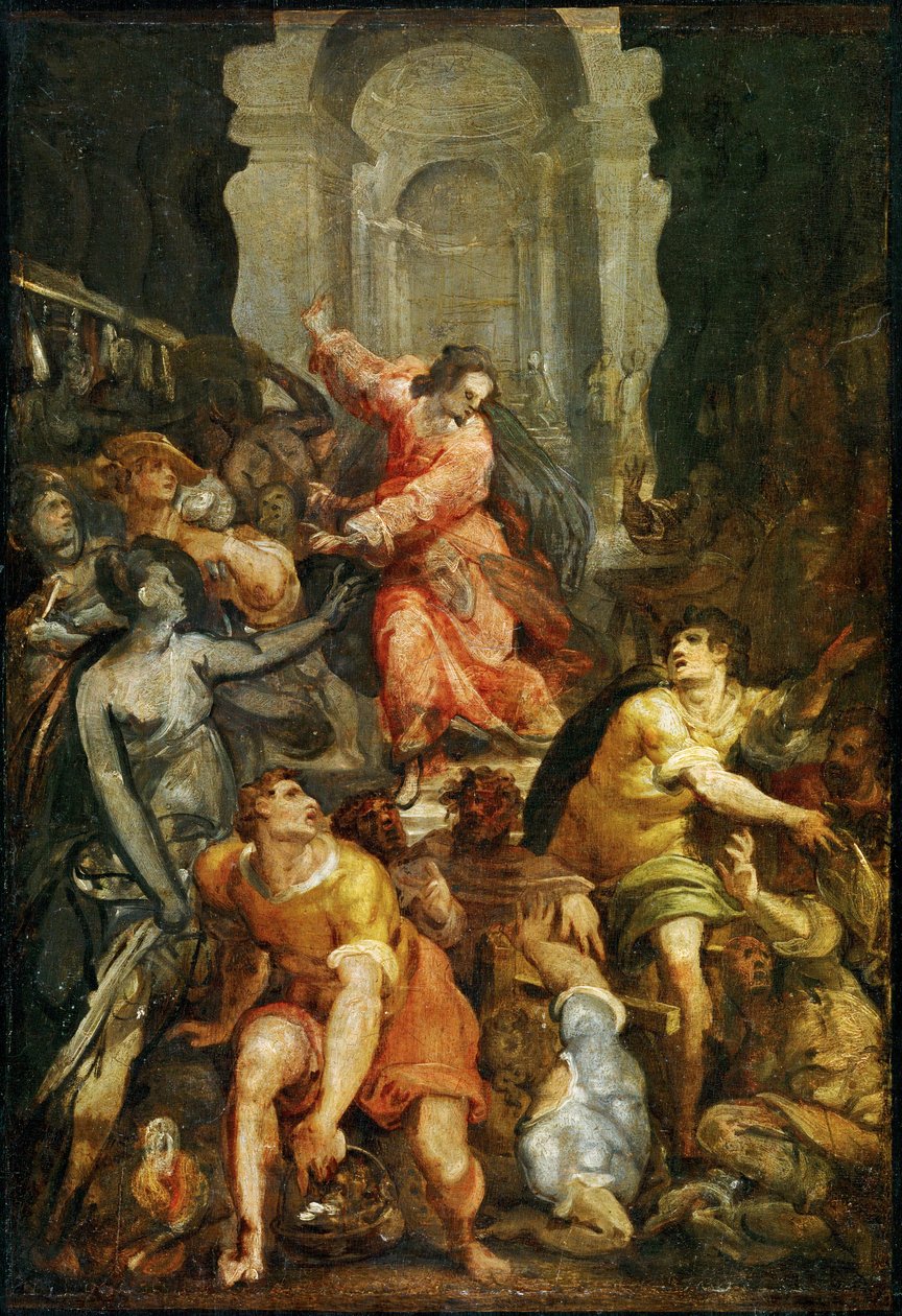 يسوع يطرد التجار من الهيكل (لوحة على خشب الحور) بواسطة جان كلاهما