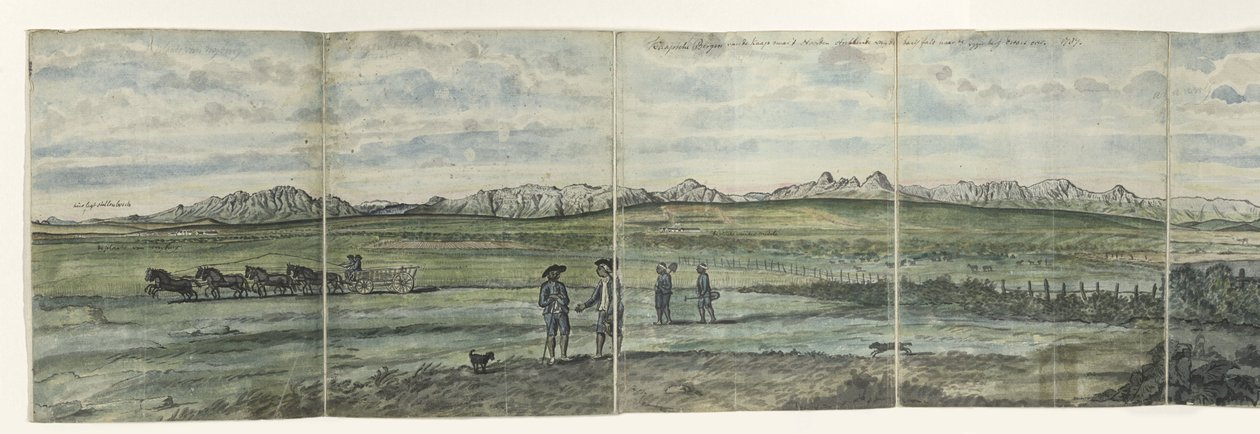بانوراما Hottentots هولندا Kaapsche Bergen من الرأس إلى الشمال الممتد من Baay fals إلى Tygerberg عبر. 1787 (العنوان على الكائن) بواسطة جان برانديز