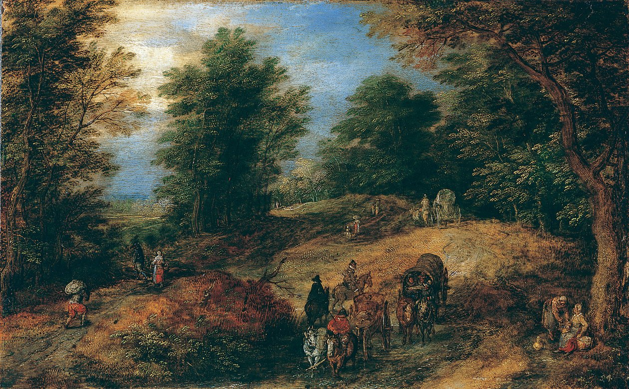 المناظر الطبيعية مع المسافرين على مسار وودلاند ، كاليفورنيا. 1607. بواسطة جان بروغل الأكبر