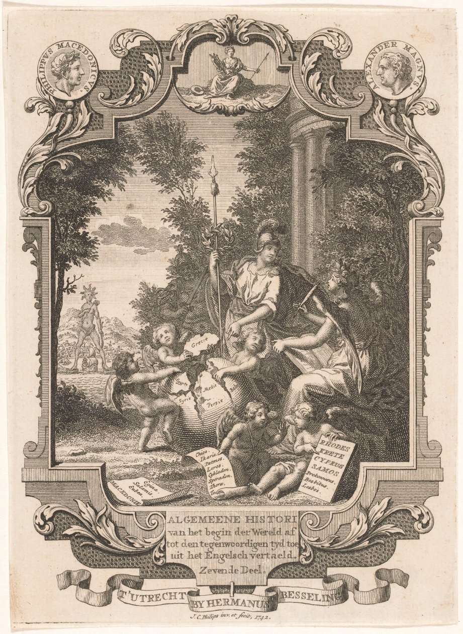 خرطوش مع قصة رمزية عن تاريخ اليونان صفحة العنوان لـ: Kornelis Westerbaen ، Algemeene Histori ، 1742 بواسطة جان كاسبار فيليبس
