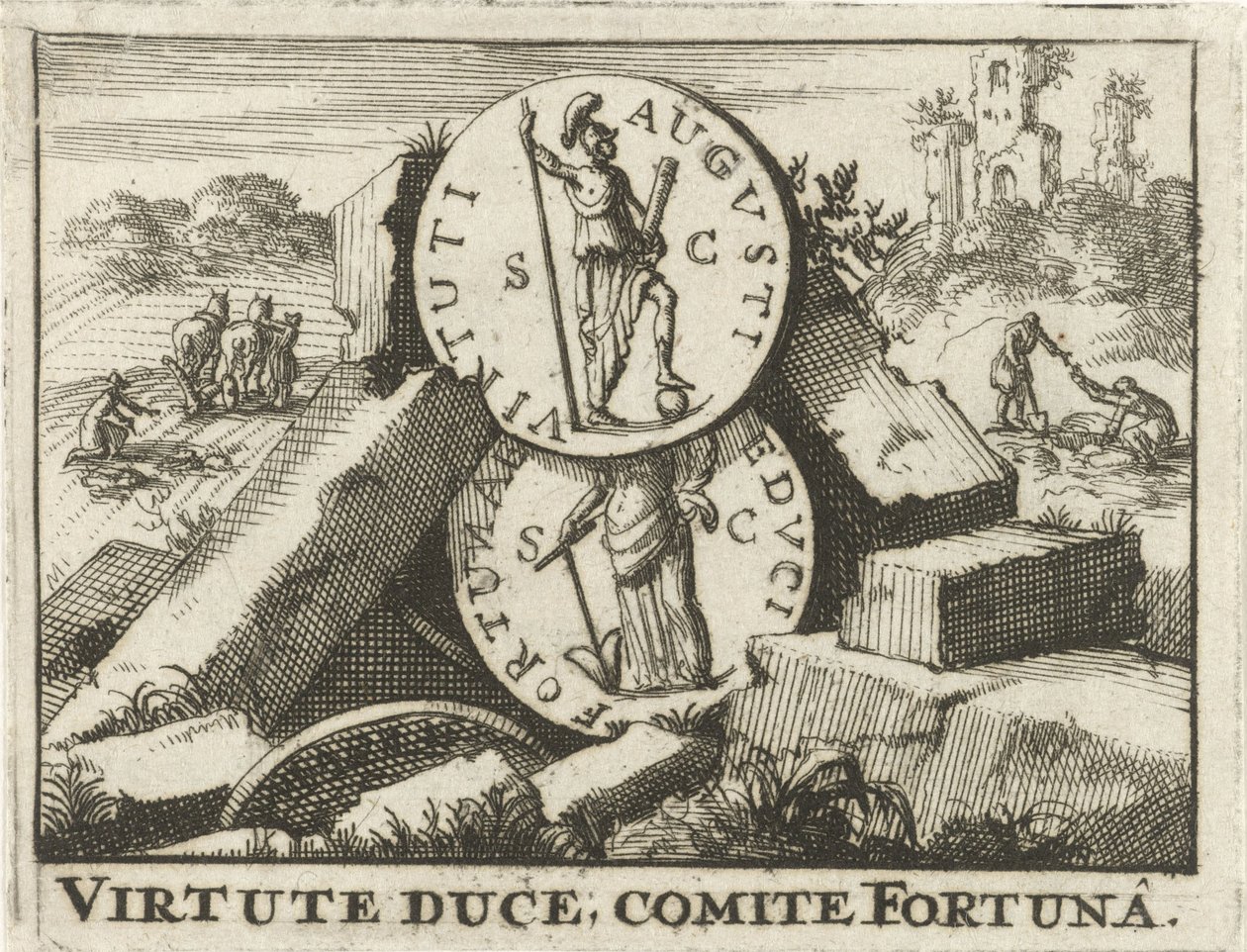 عملات رومانية ترتكز على كومة من الحجارة Virtute Duce ، Comite Fortuna (العنوان على الكائن) بواسطة جان كلايس تن هورن