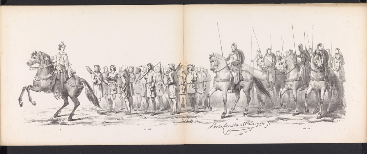 حفلة تنكرية لطلاب ليدن ، 1865 (اللوحة 15) موكب بالملابس أقامه أعضاء فيلق طلاب ليدن في السادس من يونيو عام 1865 ، احتفالًا بالذكرى 290 لمدرسة Leidsche Hoogeschool ، والتي تصور: دخول الهولنديين ب بواسطة جان دانييل كورنيليس كاريل ويليم بارون كونستانت ريبيك