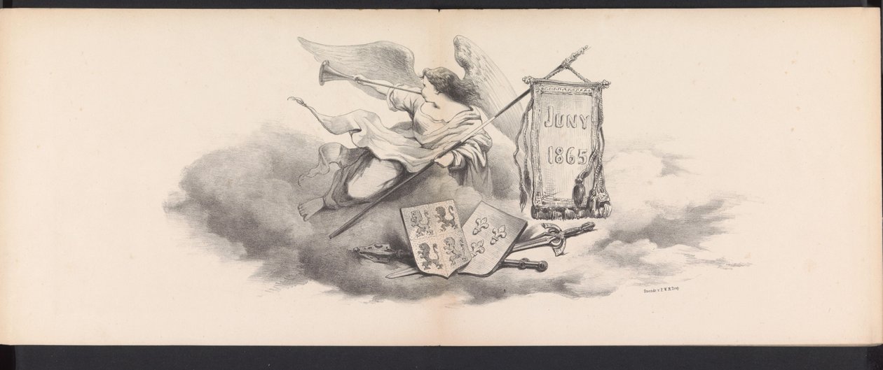 حفلة تنكرية لطلاب ليدن ، 1865 (العنوان) موكب بالملابس أقامه أعضاء فيلق طلاب ليدن في السادس من يونيو 1865 ، احتفالًا بالذكرى 290 لمدرسة Leidsche Hoogeschool ، والتي تصور: دخول الهولنديين إلى بواسطة جان دانييل كورنيليس كاريل ويليم بارون كونستانت ريبيك