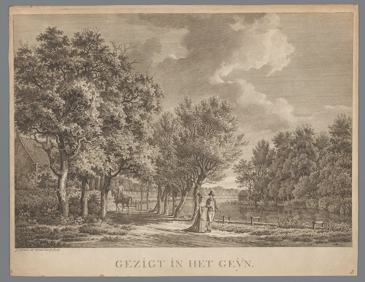 منظر طبيعي مع زوجين يسيران على طول ضفاف نهر جين Gezigt in het Geÿn (العنوان على الكائن) بواسطة جان إيفرت جريف