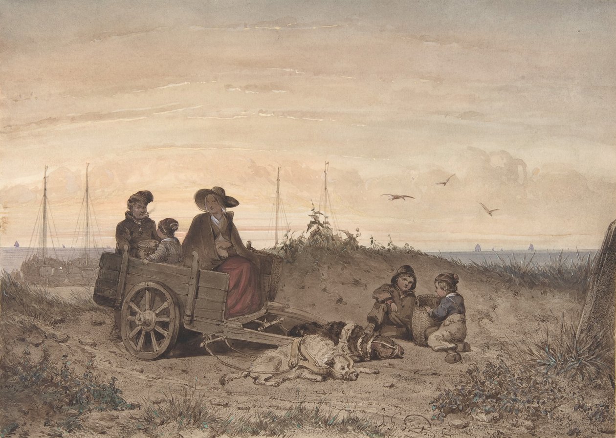 عائلة صياد على الشاطئ ، والدة وأحد الأطفال يجلسون في عربة ، 1855. بواسطة جان جيرارد سميتس