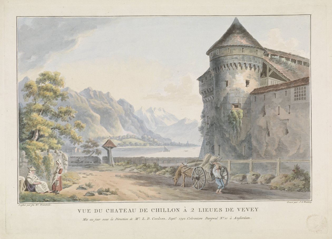 منظر لقلعة شيلون Vue du Chateau de Chillon à 2 Lieues de Vevey (العنوان على الكائن) بواسطة جان جيرارد والدورب