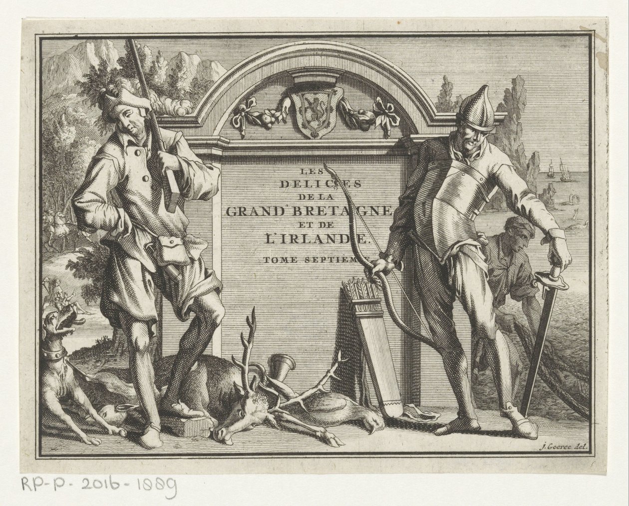 Twee jagers للإعداد المعماري Titelpagina voor: James Beeverell ، The Delights of Great Britain and Ireland ، المجلد السابع ، 1707 بواسطة جان جوري (ربما)