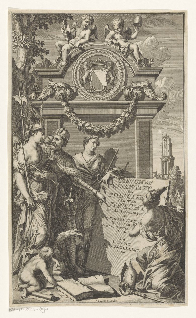 يعلّم العدل قوانين أوتريخت Costumen Usantien en Policien der stad Utrecht (العنوان على الكائن) صفحة العنوان لـ Willem Van der Meulen ، Costumen ، usantien ، Policien ende style ofدعوى ، der stadt Utrecht ، 1709 بواسطة جان جوري