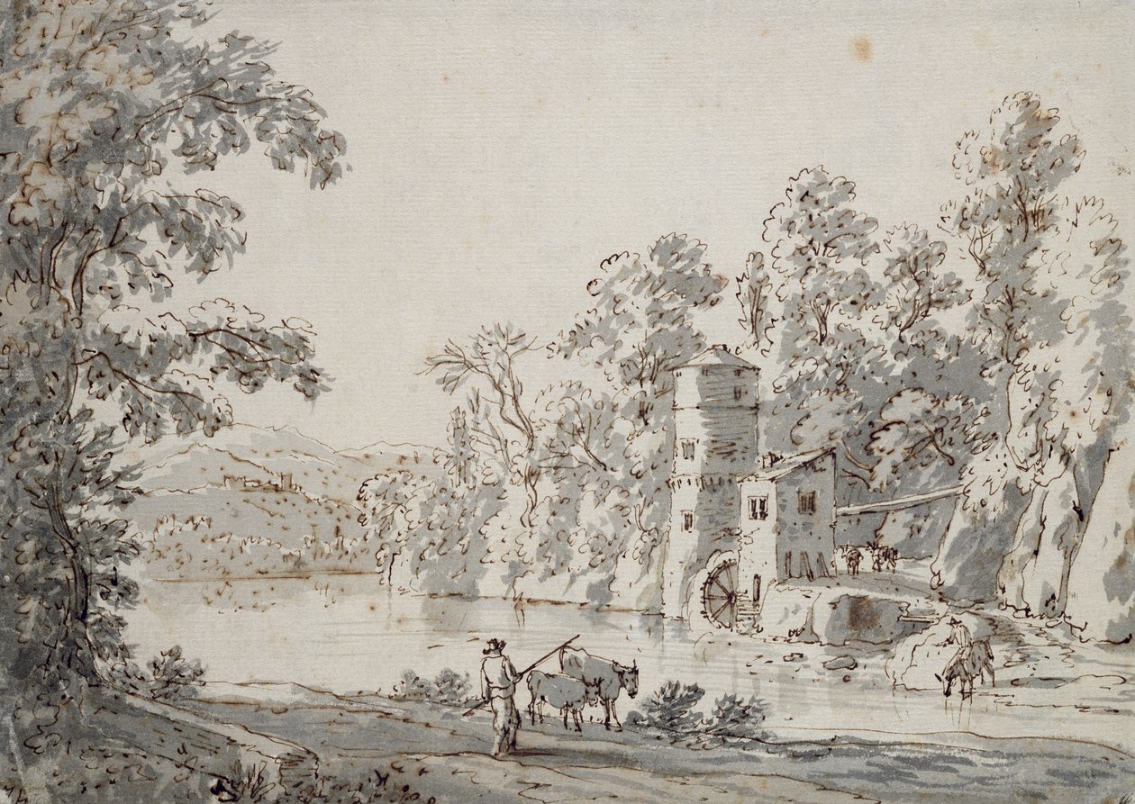 The Watermill by the Ford (قلم وحبر بني وغسل رمادي على ورق) بواسطة جان هاكيرت