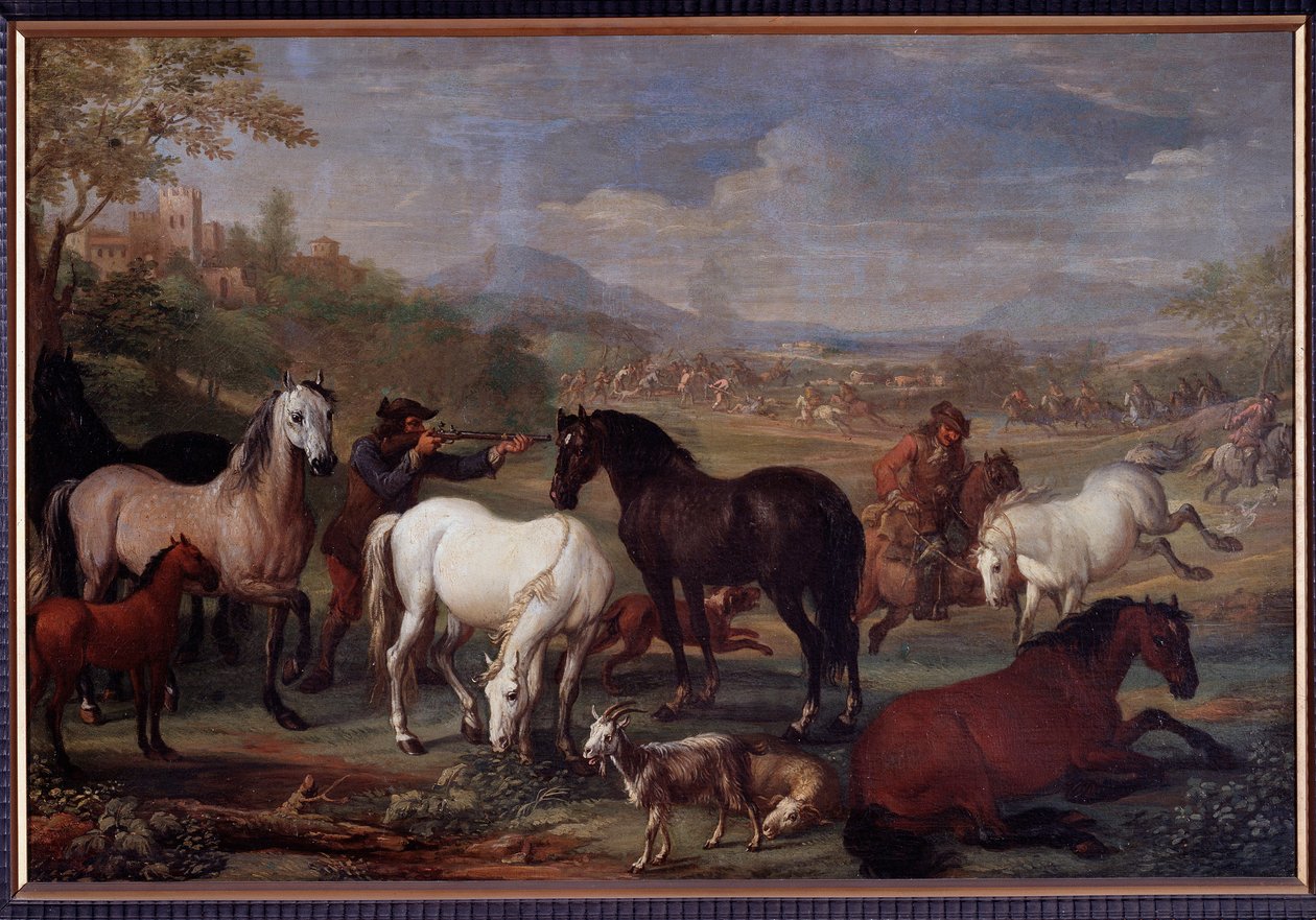مناظر طبيعية مع خيول رسم جان هاميلتون (القرن السابع عشر) خافت 60x90 سم الجينات ، Musei di Strada Nuova (سابقًا Palazzo Bianco) بواسطة جان هاميلتون