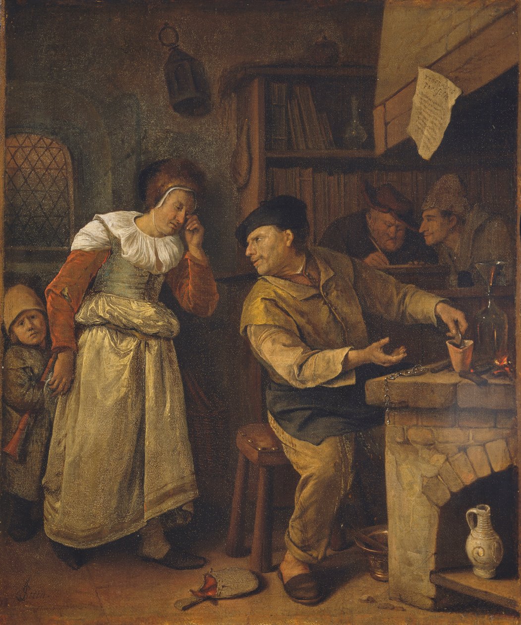 صائغ يصهر مجوهرات المرأة بحضور كاتب العدل: الخيميائي، ج. 1668-70 (زيت على قماش) بواسطة جان هافيكز. ستين