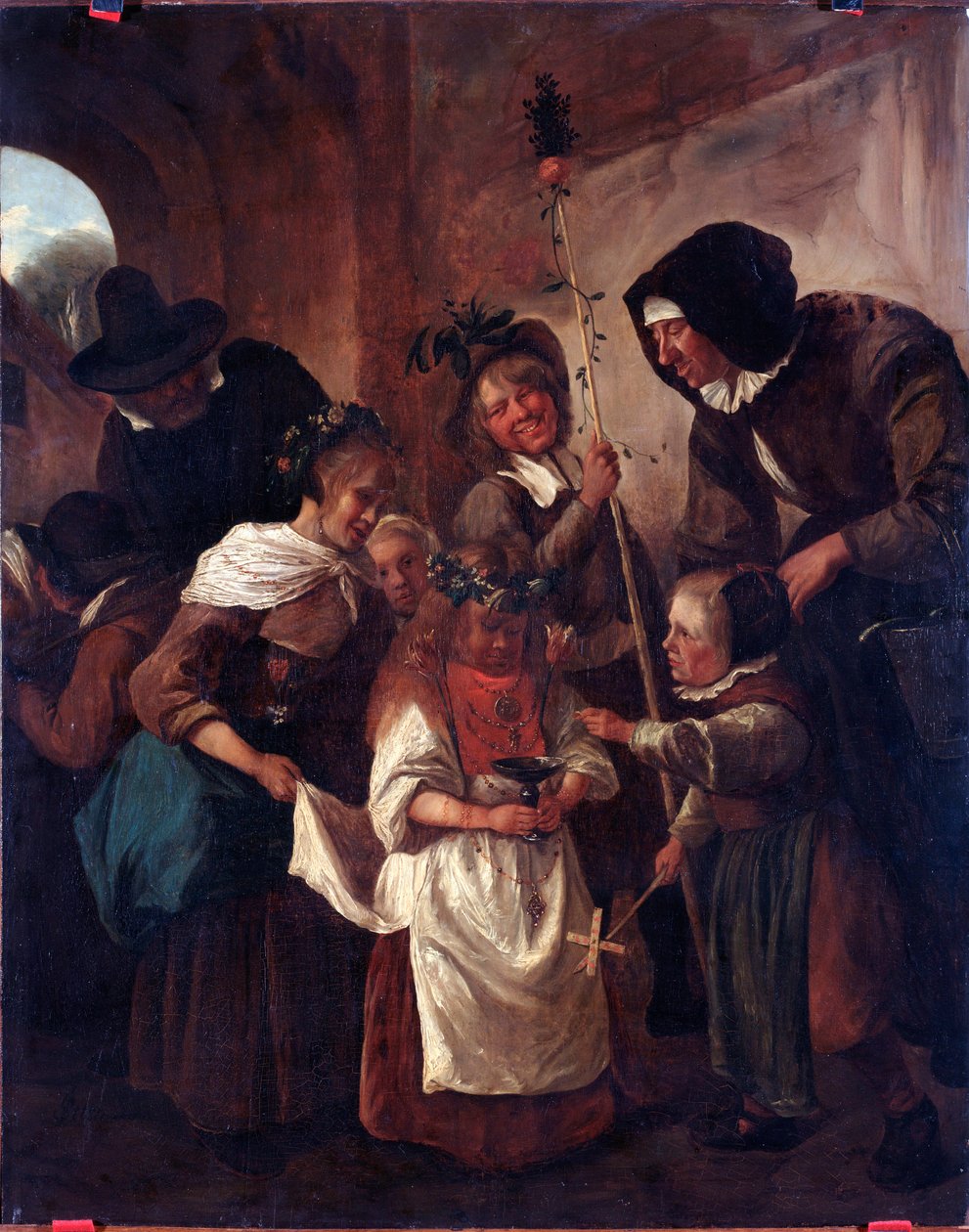 أعياد عيد الفصح بالزهور (عيد الفصح المزهر) لوحة رسمها جان هافيكسزون ستين (1625 / 6-1679) القرن السابع عشر قاتمة 80x65 سم الجينات ، Musei di Strada Nuova (سابقًا قصر بيانكو) بواسطة جان هافيكز. ستين