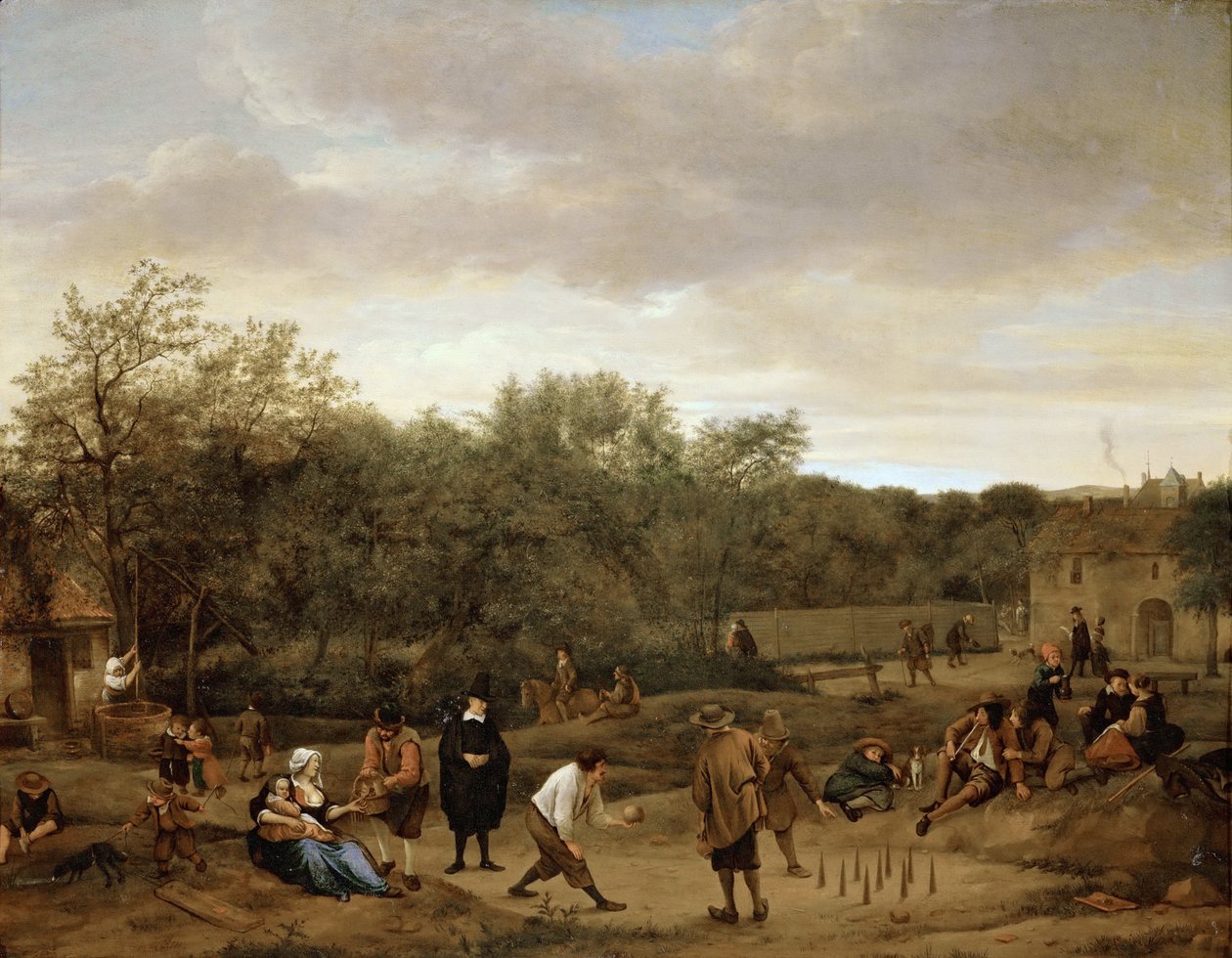 الفلاحون يلعبون البولينج ، بقلم ستين ، جان هافيكس (1626-1679). زيت على خشب ، ج. 1655. الحجم: 67x85.5 سم. متحف تاريخ الفن ، فيينا بواسطة جان هافيكز. ستين