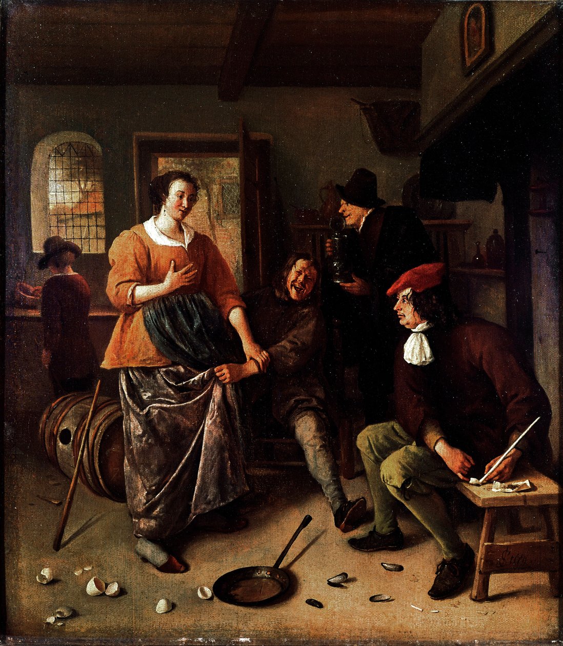 The broken eggs (inside an inn). Group of cheerful characters in Dutch cuisine. The man lifting the woman